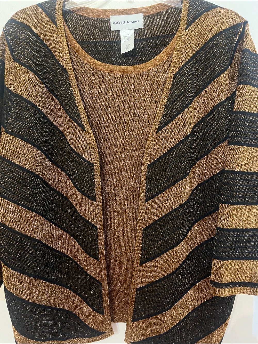 Alfred Dunner Metallic Bronze and Black Striped Open Cardigan Size M